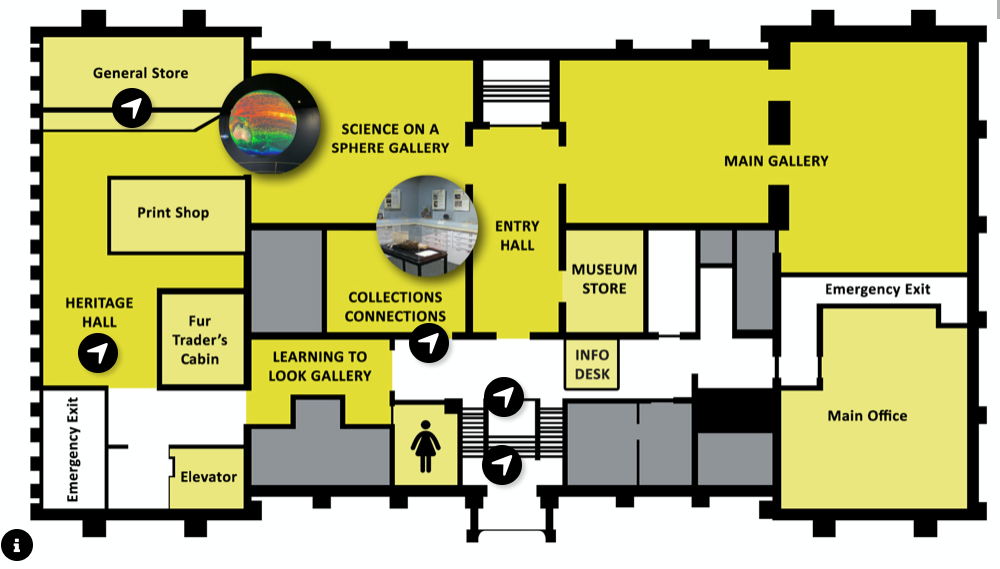 A map outlining a bird's eye view of the museum layout, with markers that allow the user to select a specific location in the museum.